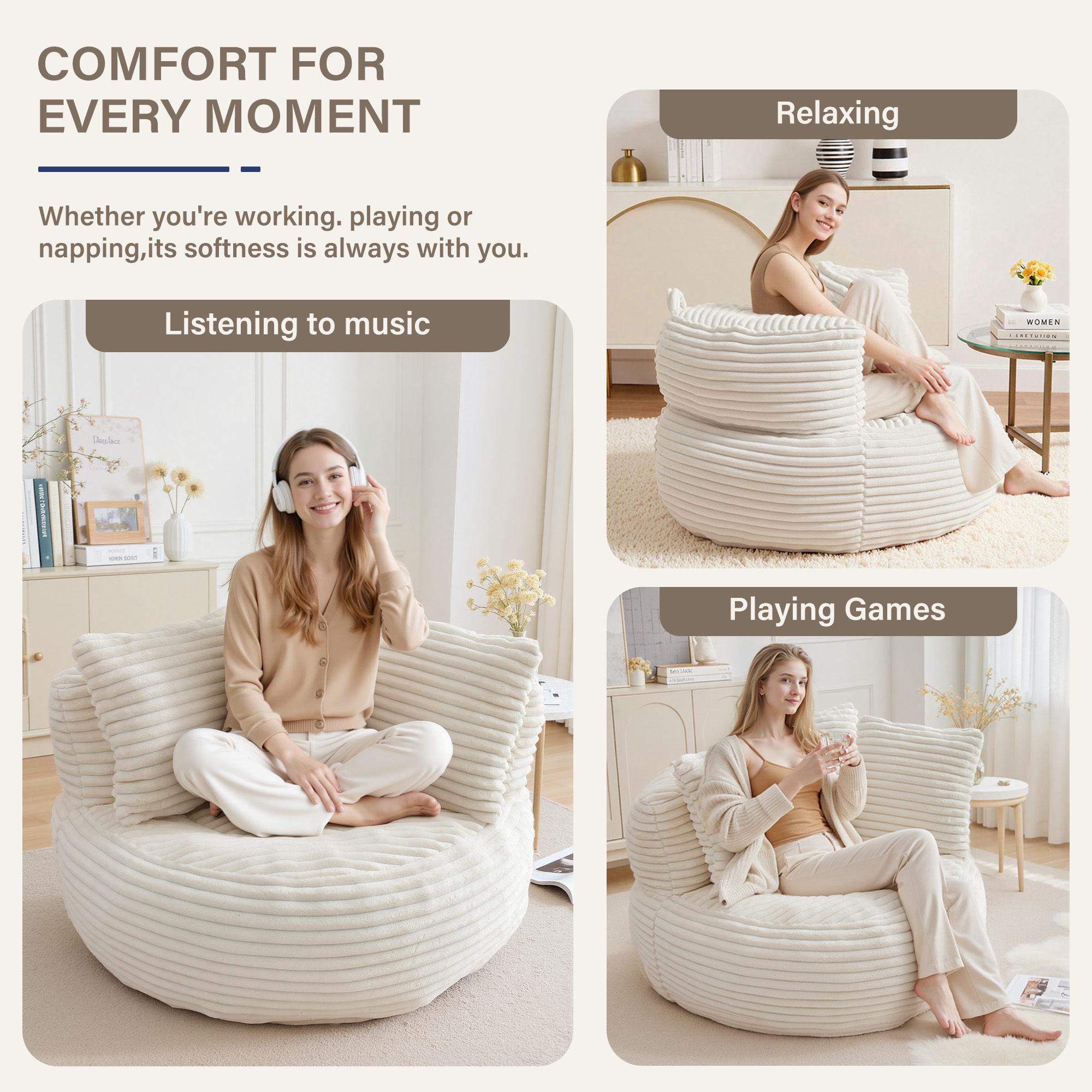 YINIX Oversized Bean Bag Chair with Backrest and Cushion, Cozy Round Floor Sofa for Living Room, Beige