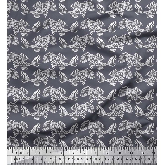 Soimoi Japan Crepe Satin Fabric Fish Block Print Sewing Fabric Yard 42 Inch Wide