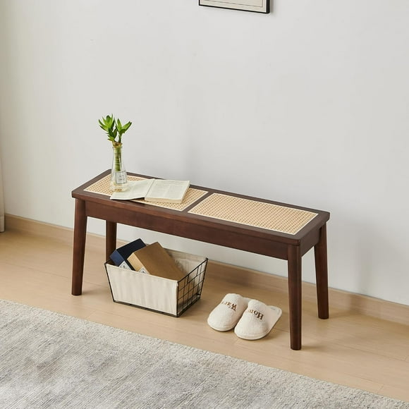 40 x 12-Inch Wooden Bench in Walnut Color with Hand Woven Cane Seat, Solid Wood Design for Entrance or Living Room