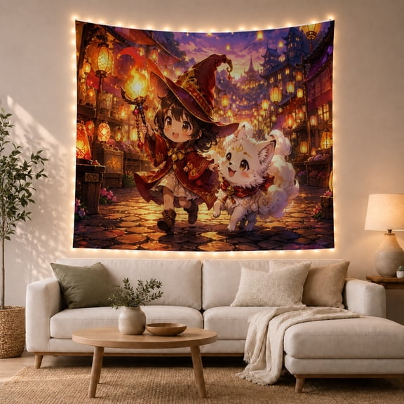 Witch Girl Walking in Twilight Market with Magical Fox, Whimsical Fantasy for Anime Fans, Mystical Room Decor, Halloween Gift Tapestry Wall Hanging for Bedroom, Living Room and Dorm