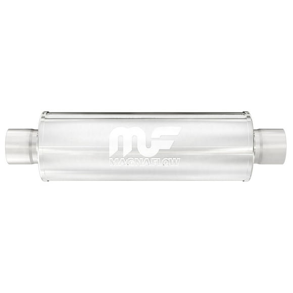 Magnaflow Performance Exhaust Muffler 10434 4 Inch Diameter Satin Stainless Steel Case; Single 2 Inch Center Inlet; Single 2 Inch Center Outlet; 22 Inch Body/28 Inch Overall Length