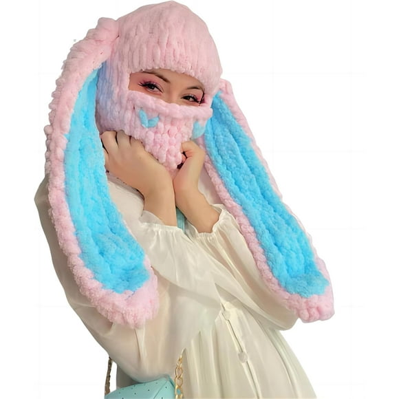 New Bunny Ear Hat Ski Mask Beanie,Contains Neck Gaiters and Masks Bunny Ear Beanie,Wool Long Ear Mask Headwear Bunny Beanie