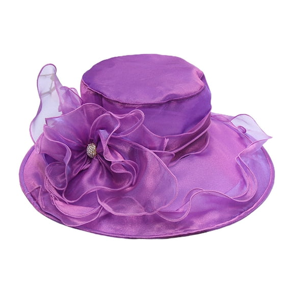 UDIYO Women Church Cap Wide Brim Cloth Flower Temperament Foldable Rhinestones Buckle Hat for Wedding
