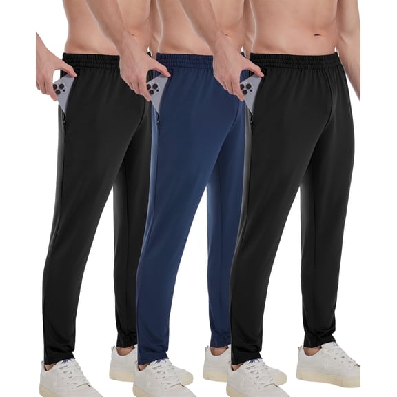 TELALEO 3 Pack Men Quick Dry Jogger Pants Zipper Pockets Athletic Casual Hiking Sweatpants,Size L