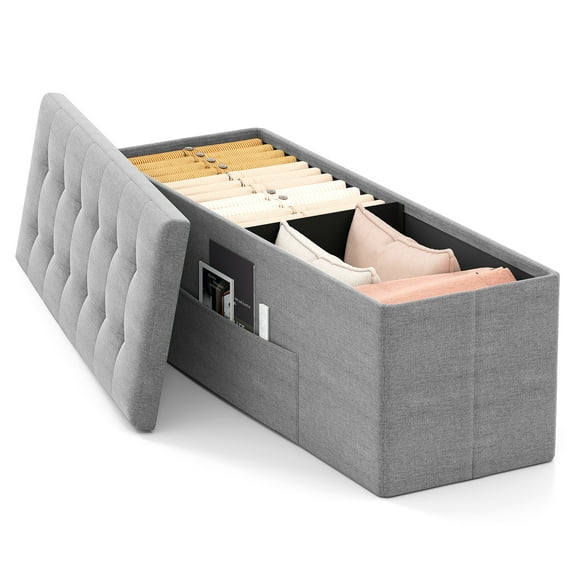 Patiojoy 43 Inches Folding Storage Ottoman Bench Linen End of Bed Bench with Padded Seat Pocket & Divider Light Grey