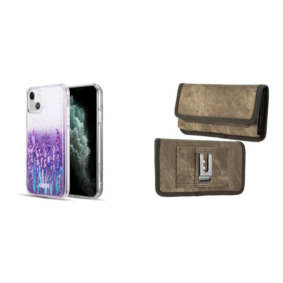 Liquid Glitter Case for iPhone 14 Plus and Belt Holster Pouch (Lavender Purple/Brown)