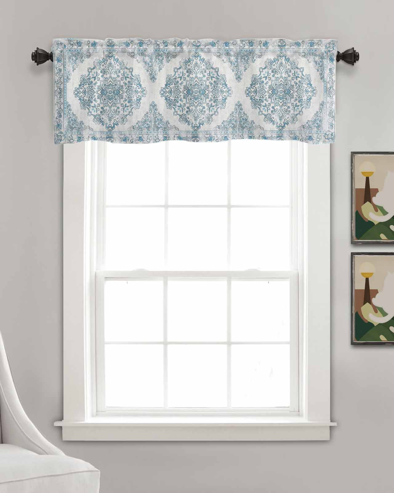 Boho Floral Teal Linen Curtain Valance for Bedroom/Bathroom/Kitchen/Office/Living/Dining Room Window,Ethnic Mandala Rustic Tribal Patterns Pocket Topper Drapes Decorative Cafe Drapery Panel 54"x18"