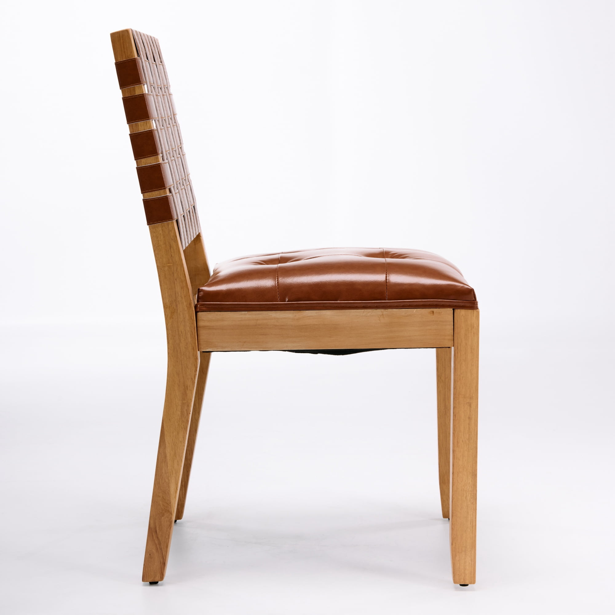 GARITIN Dining Chairs Set of 2, Woven PU Leather Side Chairs with Button Tufted Seat and Solid Wood Frame for Dining Room, Saddle Brown