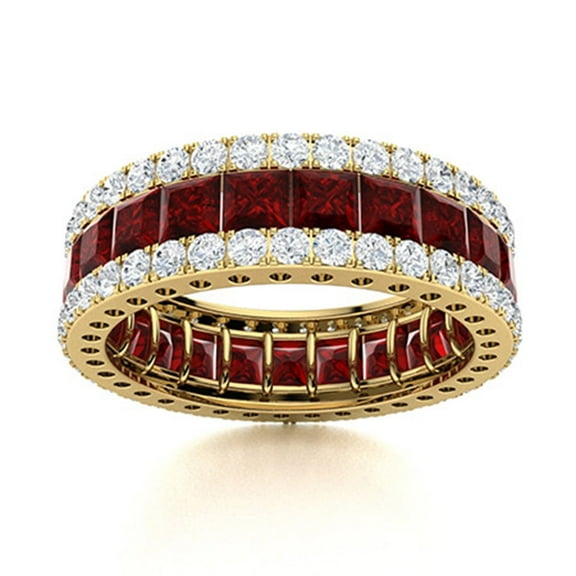 Mooneye Triple Row Square Garnet & Round CZ 925 Sterling Silver Gold Vermeil Women Wedding Ring