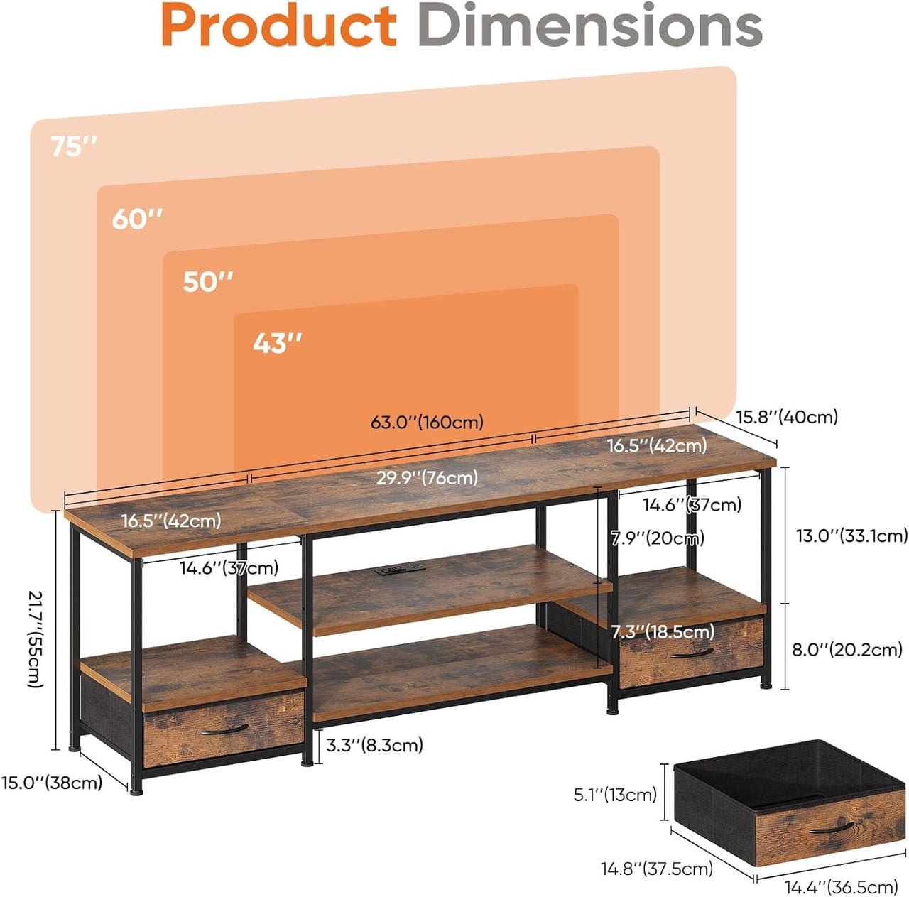 Bigleap 63-inch TV Stand with USB Charging Station, Rustic Brown Media Console for TVs up to 75 Inch, 2 Fabric Drawers & Open Shelves