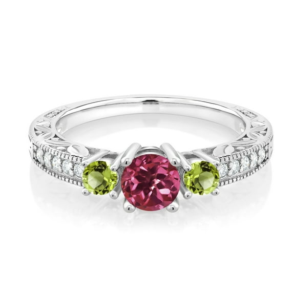 Gem Stone King 925 Sterling Silver Pink Tourmaline and Green Peridot Engagement Ring for Women (0.89 Cttw, Gemstone Birthstone, Size 6)