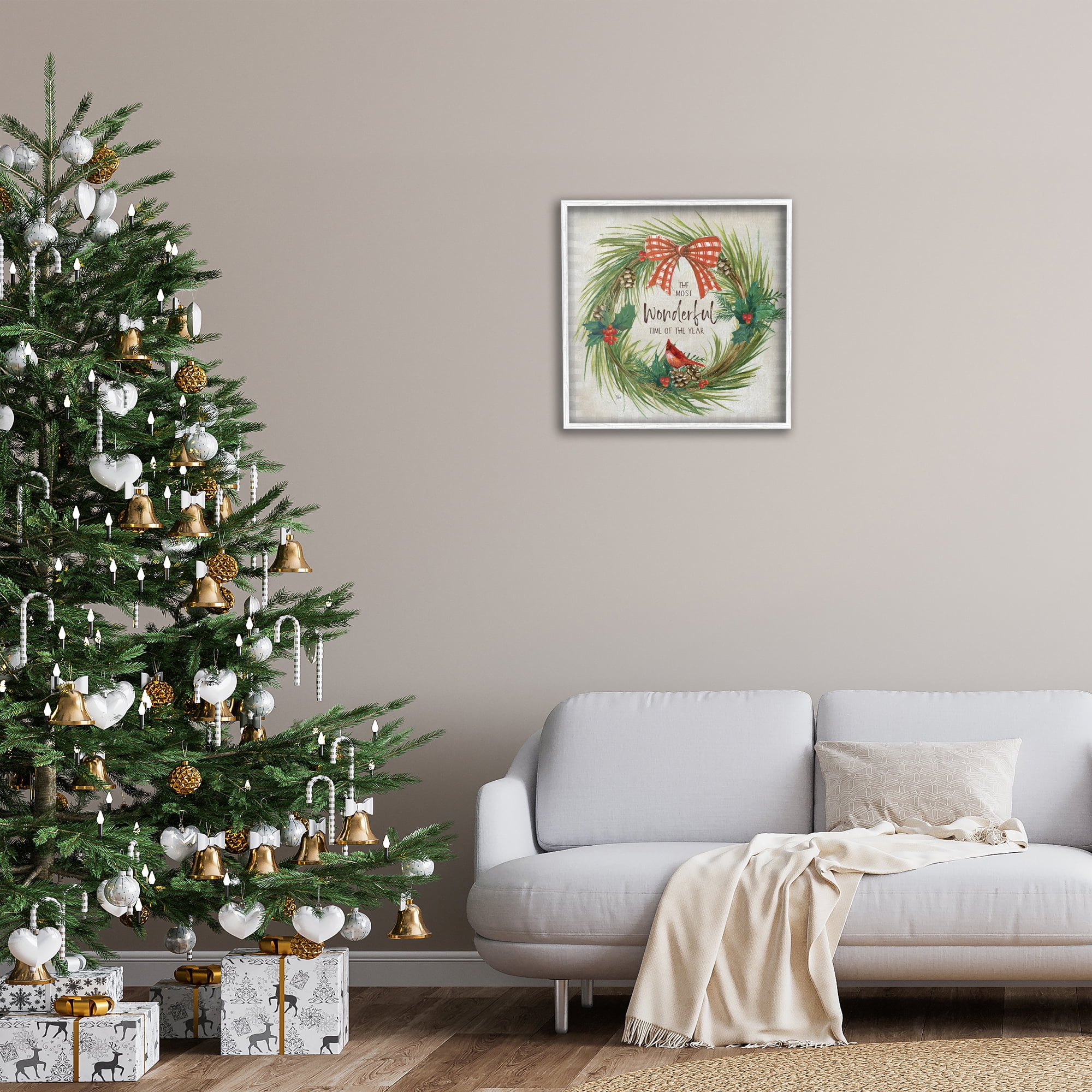 Stupell Industries Most Wonderful Time Wreath Holiday Painting White Framed Art Prints Wall Art, 24 x 24