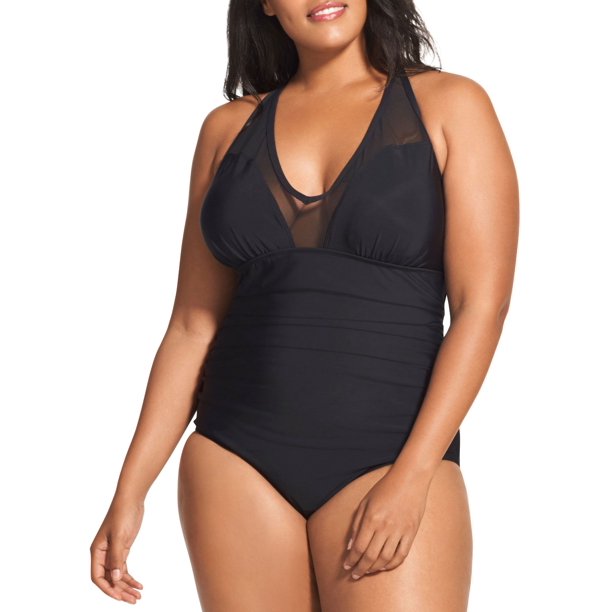 Speedo Womens Plus Size Mesh V Neck One Piece Swimsuit