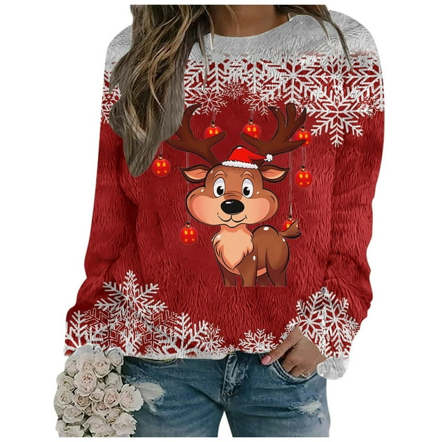 EHQJNJ Sweatshirts à Enfiler pour Femmes Sans Capuche Imprimé Renne de Noël Col Rond Sweatshirt Confortable pour Femmes 7 Sweatshirts Graphiques Café Col Rond de Noël