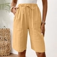 thumbnail image 6 of Women's Cotton Linen Bermuda Shorts Knee Length Elastic Waist Loose Fit Summer Casual Shorts with Pockets, #03 Ginger, L, 6 of 7