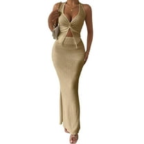 Women'S Two Piece Outfits Twist Front Halter Tops and Skirt Summer Set Khaki XS