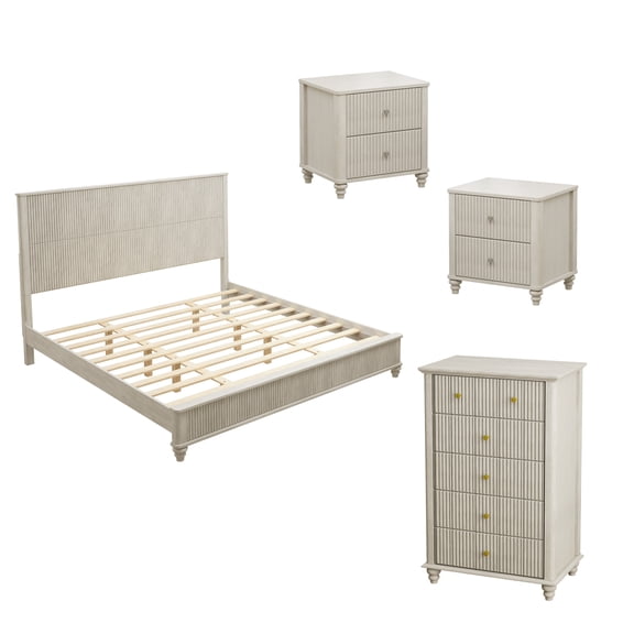 King Size 4-Piece Bedroom Set with Bed, 2 Nightstands, 5-Drawer Dresser, Beige