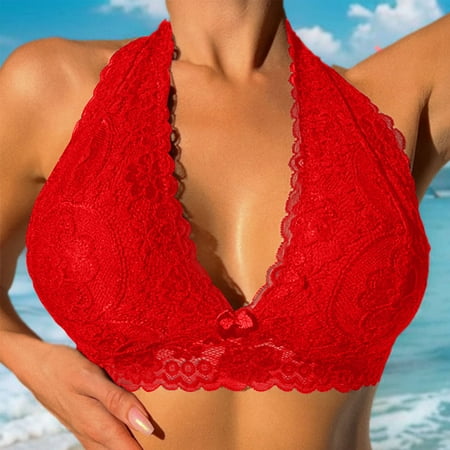 WREESH Women s Floral Lace Halter Bralette Top Hook and Eye Closure Back Unpadded Wirefree Lace Bra Plunge Bra Underwear Red