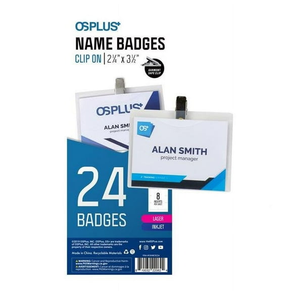OS Plus Clip On Style Name Badges, Top-Loading, Precut, 2 1/4" X 3 1/2", 24 Pack