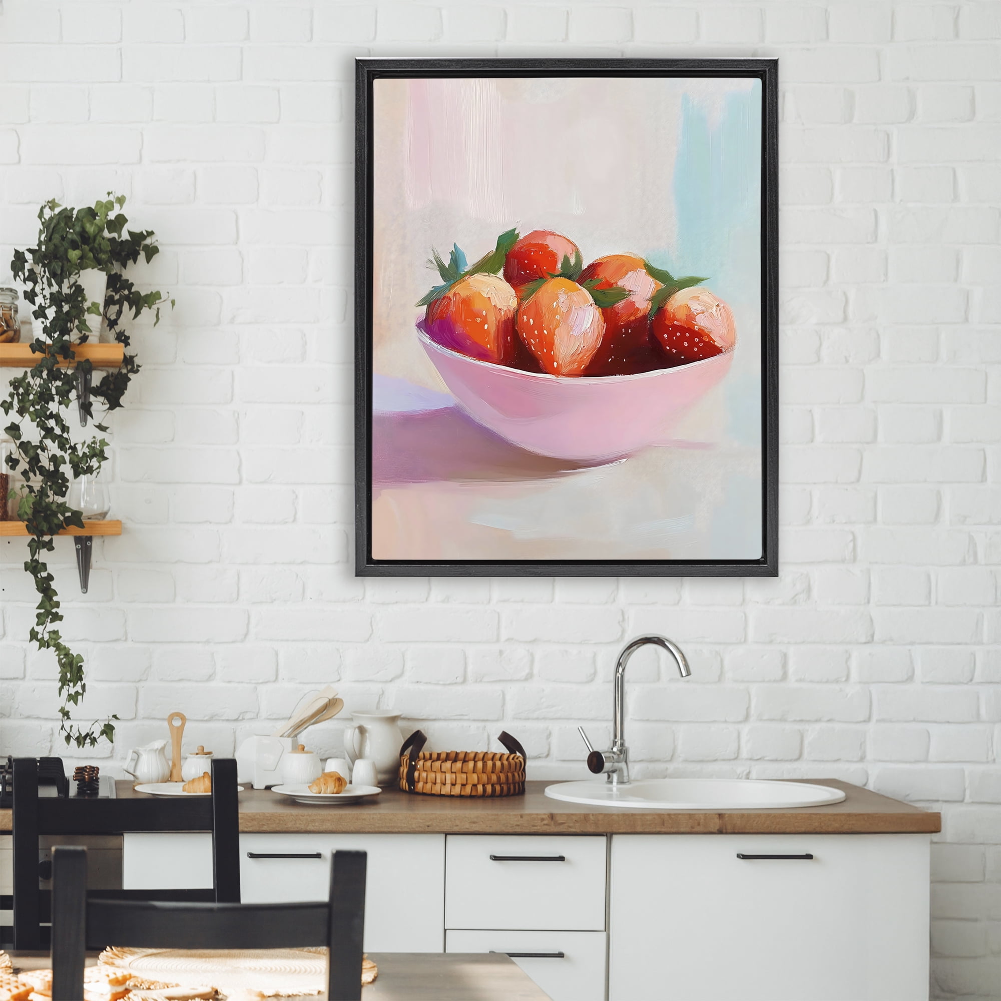 Stupell Industries Pastel Bowl of Strawberries Black Framed Floater Canvas Wall Art, design by The Prints Vibe