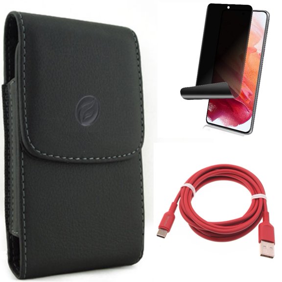 Case Belt Clip w Privacy Screen Protector w 6ft USB-C Cable for Samsung Galaxy S21 Plus - Leather Holster, TPU Film Fingerprint Works, Red Charger Cord Accessory Bundle
