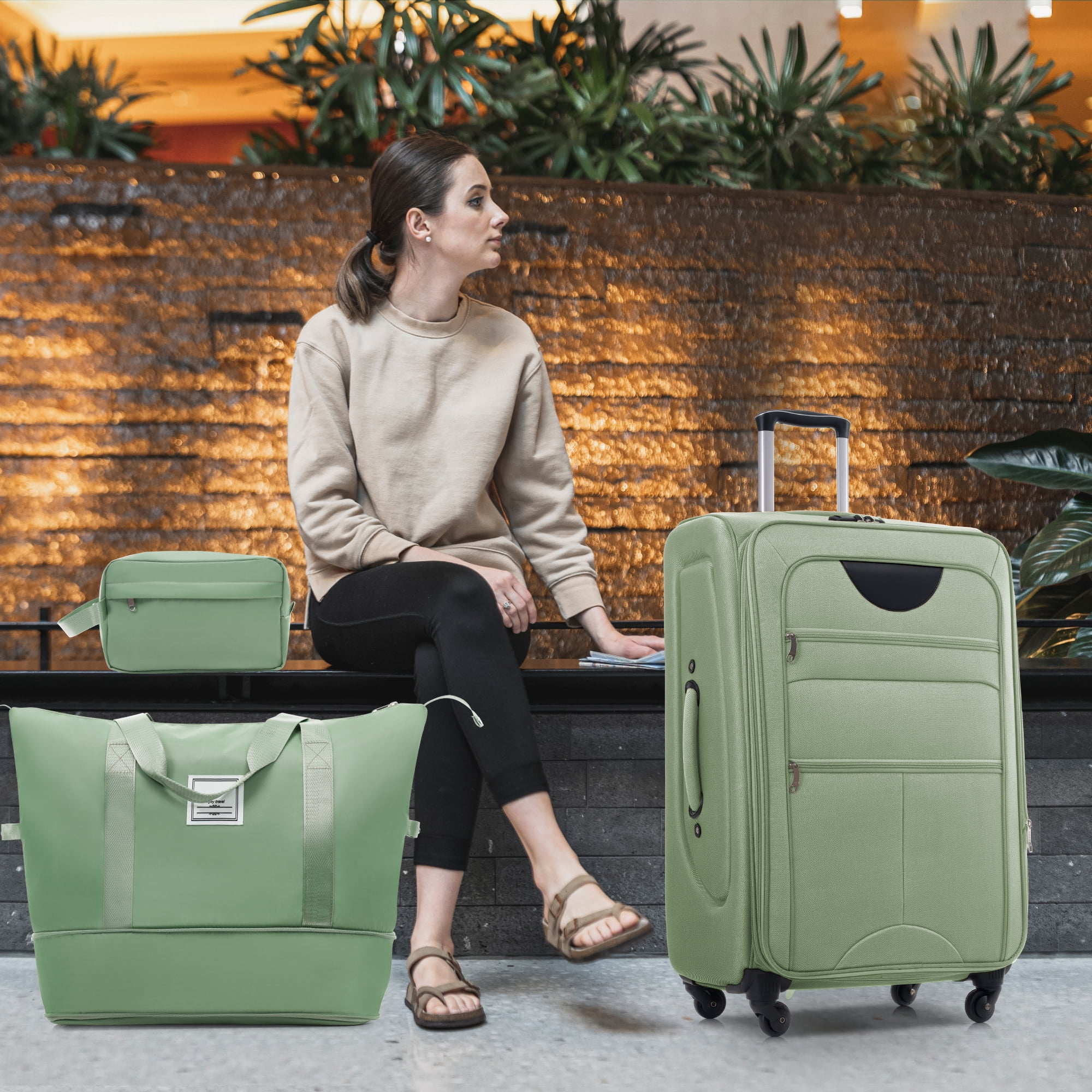 Euroco 5 Piece Softside Luggage Set,Expandable Suitcase Set with Duffel Bag,TSA Lock and Spinner Wheels,Lightweight Travel Suitcase for Men Women,Light Green