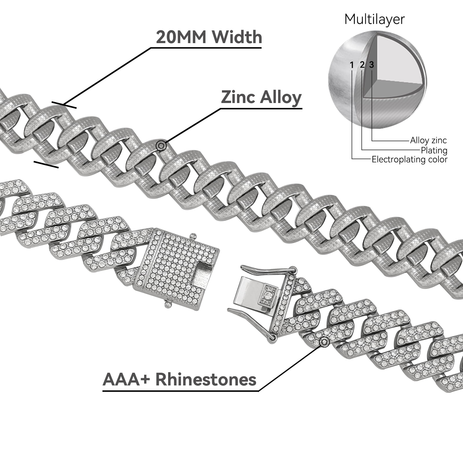 Mens Cuban Link Chain, 20MM Cuban Chain Zinc Alloy AAA+ Rhinestone Necklace for Men Hip Hop Chains