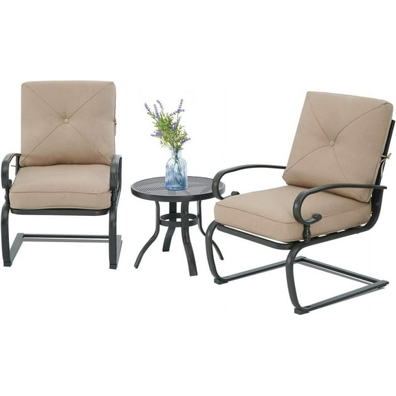 3 Piece Outdoor Bistro Set Spring Metal Lounge Chairs and Bistro Round Table Set, Wrought Iron Outdoor Furniture Set, Brown