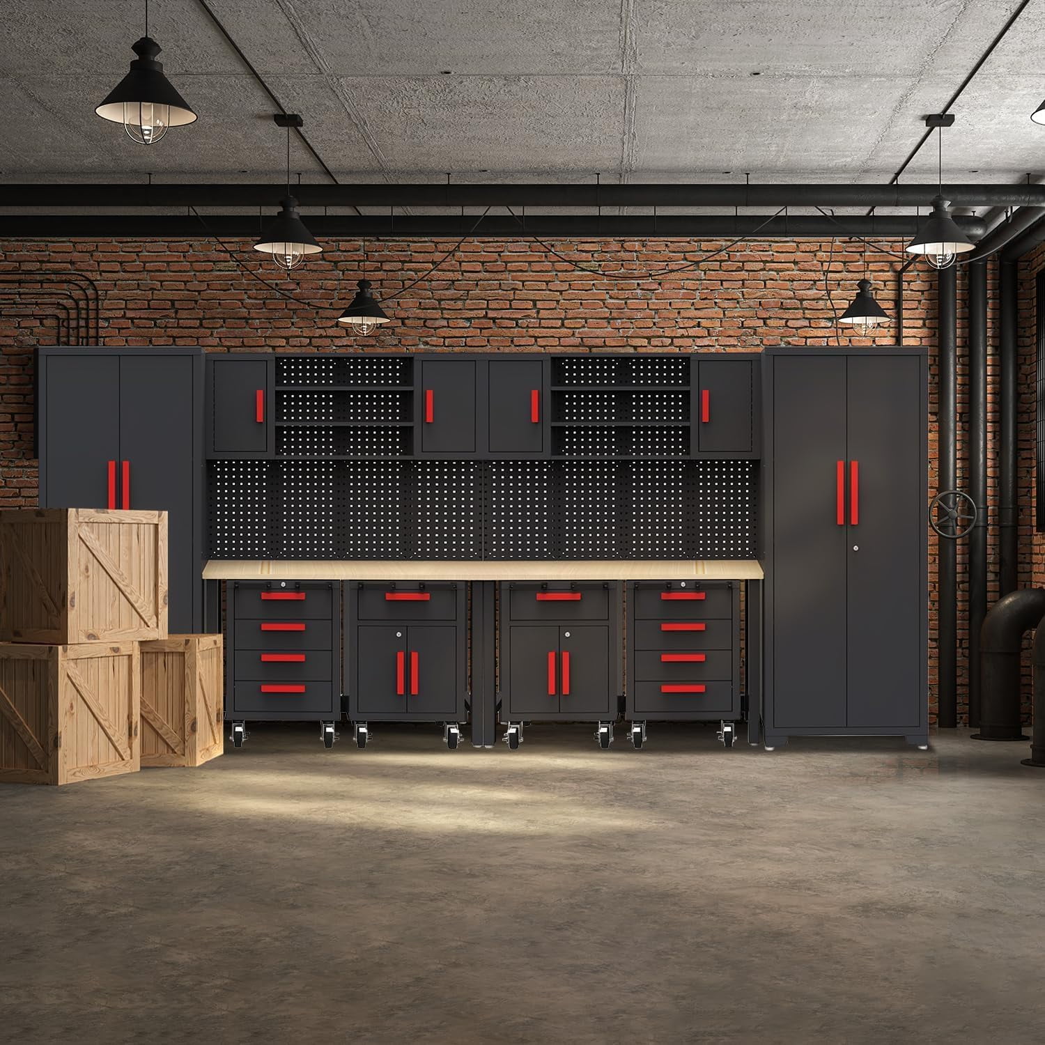 HPDMC Garage Cabinets Storage System，12PCS Workshop Set with Steel Cabinet Drawers, Rolling Chest, Workbench, Pegboard for Tool Organization