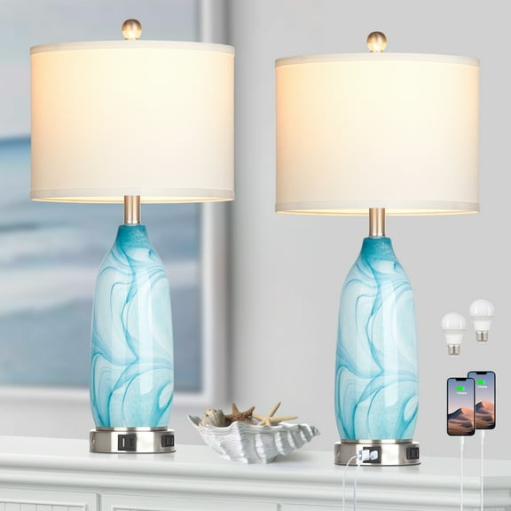 Cinkeda Coastal Glass Table Lamp Set of 2 with Nightlight USB A C Ports AC Outlet Modern 3 Way Dimmable Touch Control Nautical Blue Nightstand Bedside Lamps for Living Room Bedroom