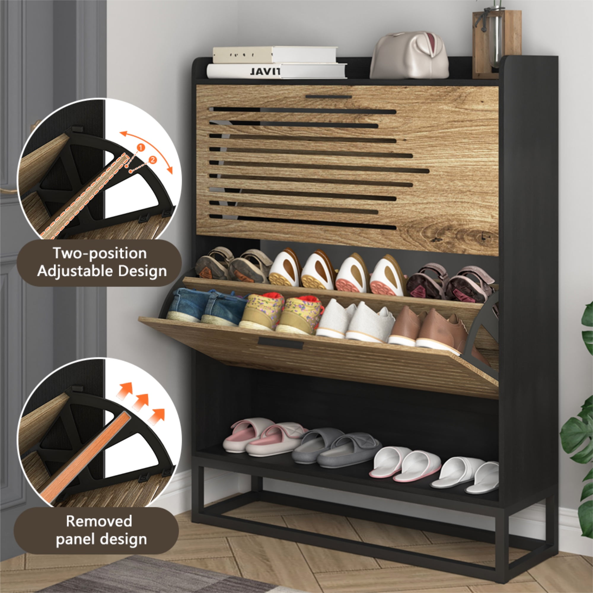 Finihen Shoe Cabinet, 2-Tier Shoe Storage Cabinet with Flip Doors, Vintage Entryway Shoe Organizer Rack with Open Shelves for Narrow Closet, Living Room, Black Finihen Shoe Cabinet, 2-Tier Shoe Storage Cabinet with Flip Doors, Vintage Entryway Shoe Organizer Rack with Open Shelves for Narrow Closet, Living Room, Black