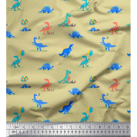 Soimoi Beige Velvet Fabric Balloon & Dinosaur Kids Printed Fabric 1 Yard 58 Inch Wide
