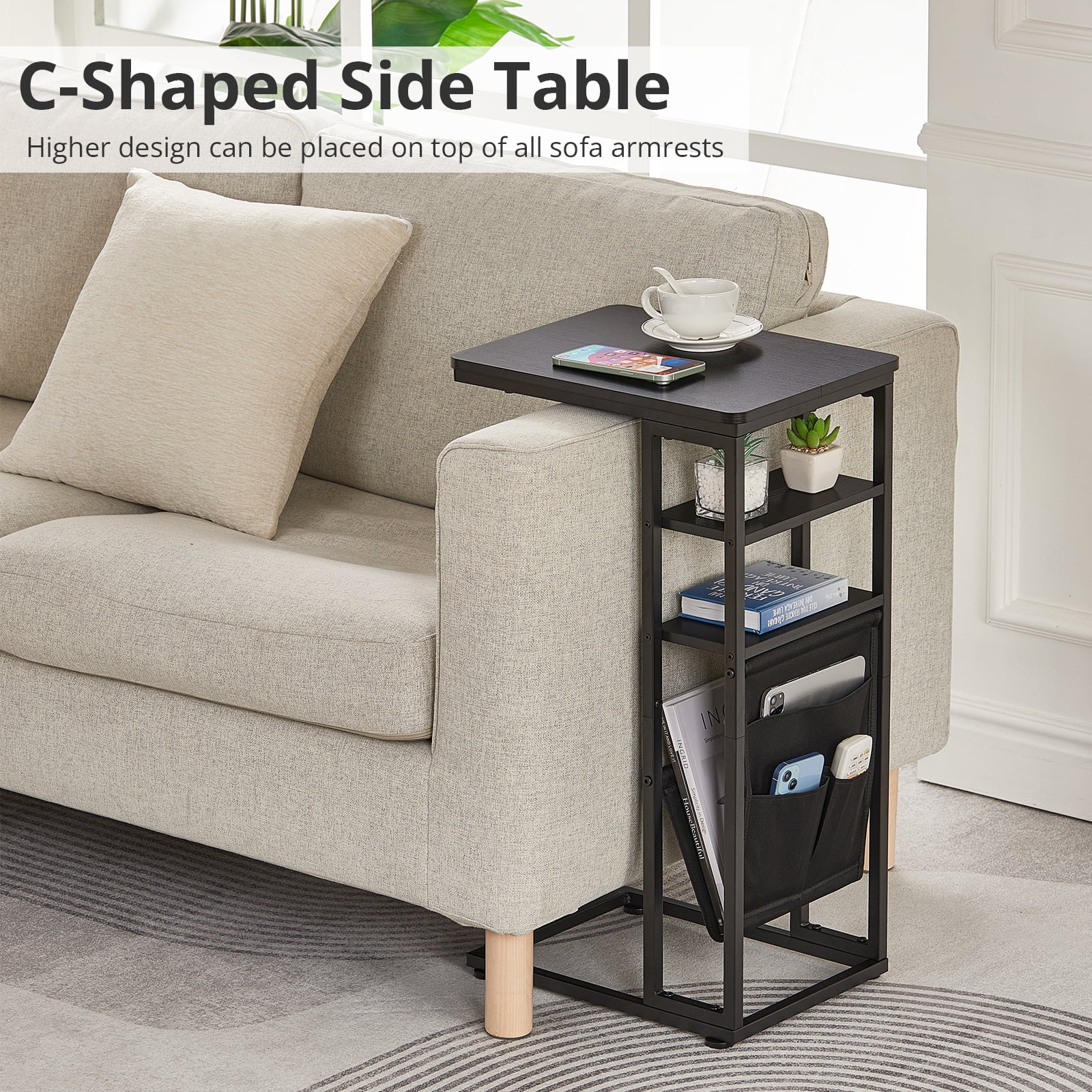 ZEXVIDA C Shaped Side Table, 3 Tier Sofa End Tables with Storage Bag, Sturdy Slide Under Sofa Slim Side Tables with Metal Frame for Small Spaces, Living Room, Bedroom, Industrial (Black)