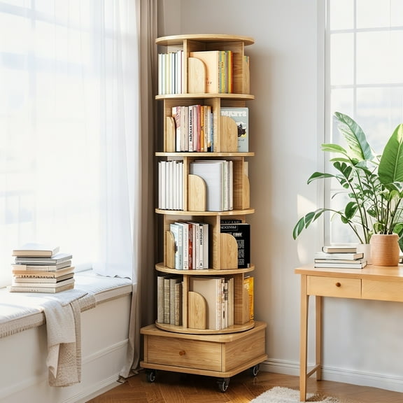 Jopath 6 Tier Rotating Bookshelf, 360° Display Round Spinning Bookshelf with Wheels and Drawer, Space-Saving, Small Space Rotating Bookshelf Tower for Bedroom, Office, Wood Color