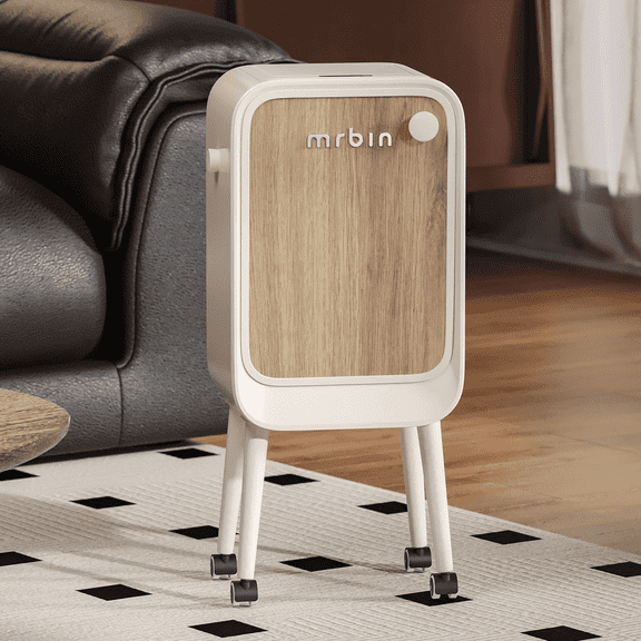 MRBIN Stainless Steel Motion Sensor Trash Can Bathroom with Butterfly Lid and Leg, 5.5 Gal Wheeled Tall Automatic Smart Waste Basket Garbage for Bedroom, Kitchen, Cream White with Walnut Pattern