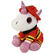 DolliBu Unicorn Firefighter Stuffed Animal - Big Eye White Unicorn Fireman Toy with Red Fireman Costume Outfit and Fireman Hat, Stuffed Fantasy Animal Fire Fighter Doll Plush Toy for Kids - 8 Inch