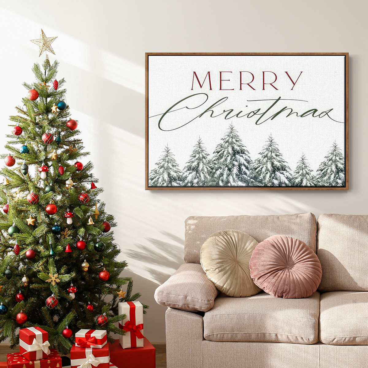Merry Christmas Trees - Framed Gallery Wrapped Holiday Canvas - 27 x 41 - Rosewood Frame