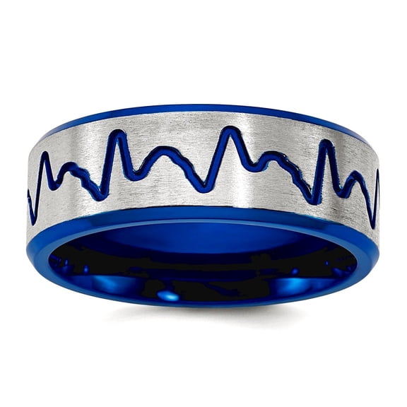 Titanium Brushed Blue Ip Plated Love Heartbeat 8mm Band Size 10 Statement Ring for Women and Men