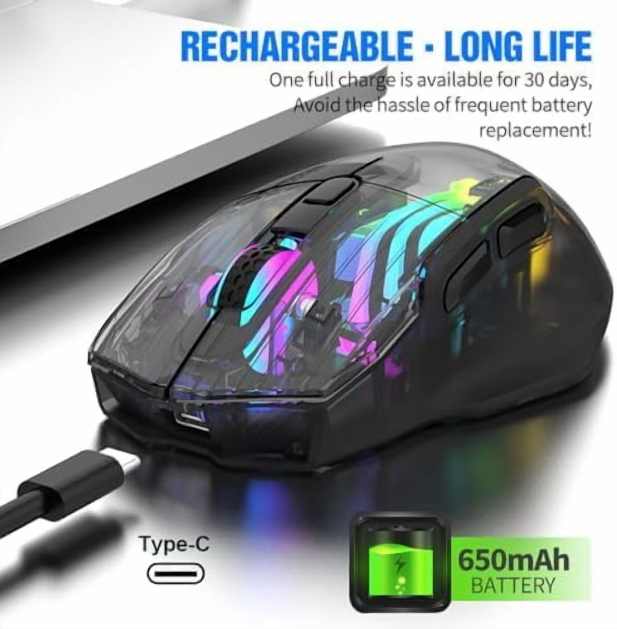Tri-Mode Wireless Gaming Mouse, 2.4G/Bluetooth/USB-C Wired, Transparent Chroma RGB Mouse, 3600 DPI Optical Computer Mouse for PC Laptop Esports (White/Black)