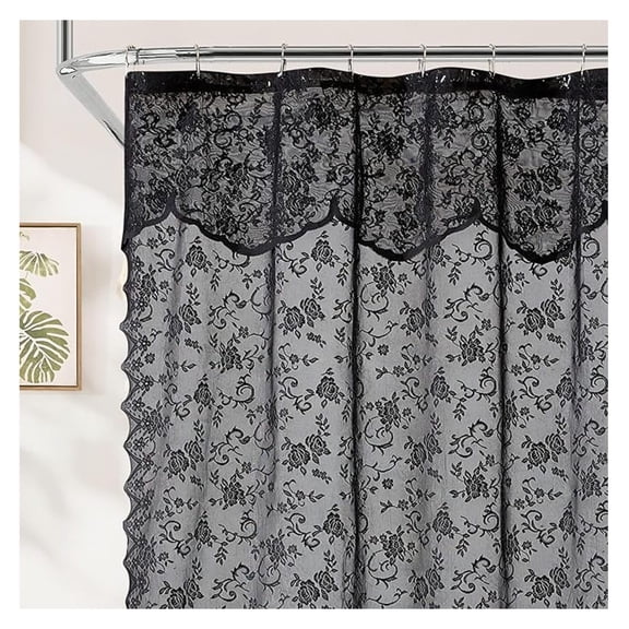 Harper Lace Shower Curtain for Bathroom with Floral Vine Design and Attached Valance – Victorian Classic Style (Black, 72 x 72 Inch)