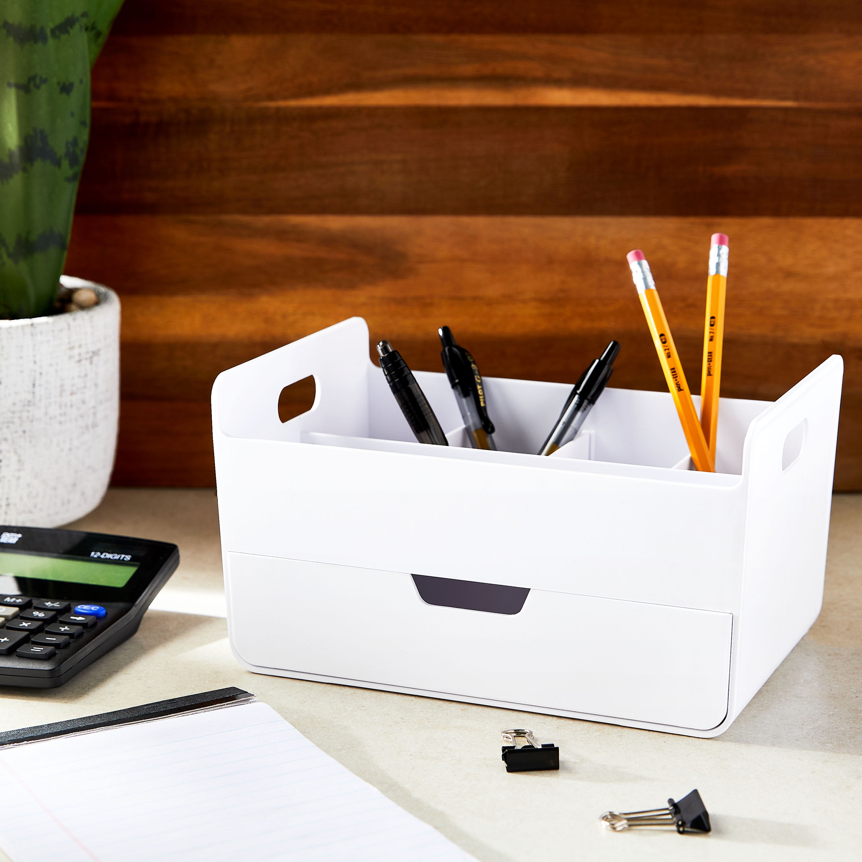 Pen+Gear Plastic Desktop Caddy Organizer with Multiple Compartments, White
