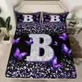 thumbnail image 2 of Feelyou Fashion Monogrammed B Bed Sheets, Bling Butterfly Animal King Sheets, Black Purple Sequin Print Sheet Set, Luxury Bedroom Decor, 4-Piece, 2 of 7