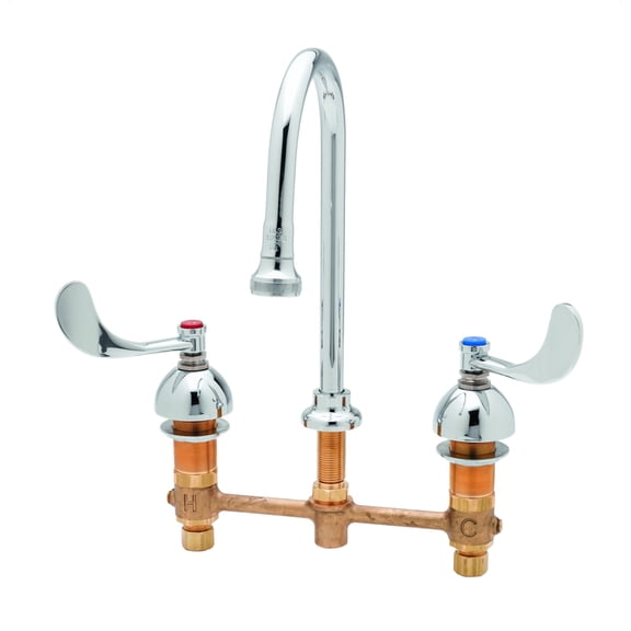T&S Brass - Medical Faucet, Deck Mount, 8'' Centers, Swivel/Rigid GN w/Rosespray, 4'' Wrist Handles