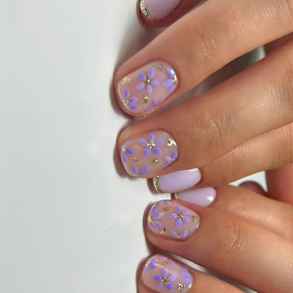 JZROCKER 24 Pcs Flowers Artificial Nails French Tip Press On Nails Short Square Stick On Nails Glittering False Nails for Party