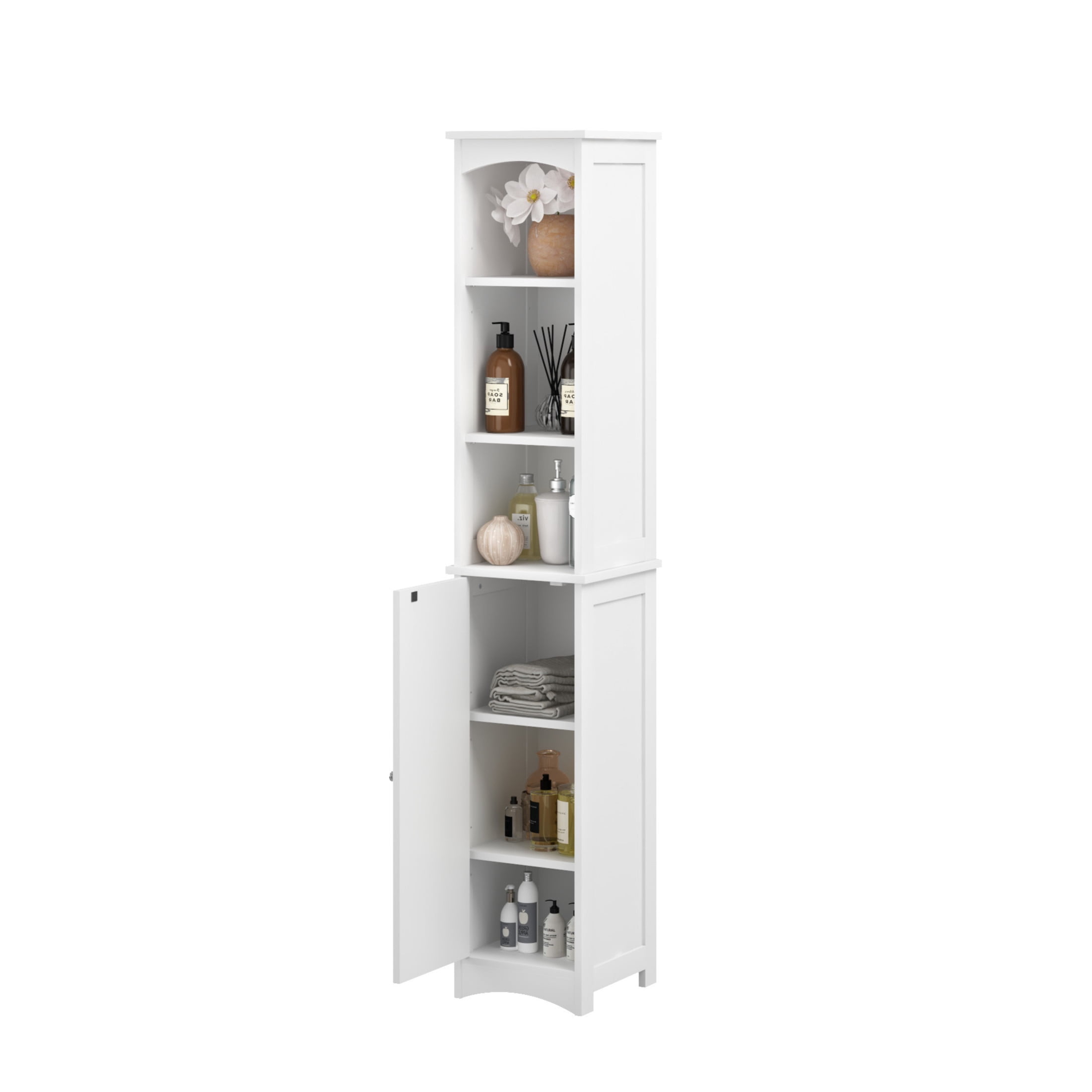 Noble House 64" Tall Bathroom Storage Cabinet, Slim Freestanding Linen Tower with Adjustable Shelves, White