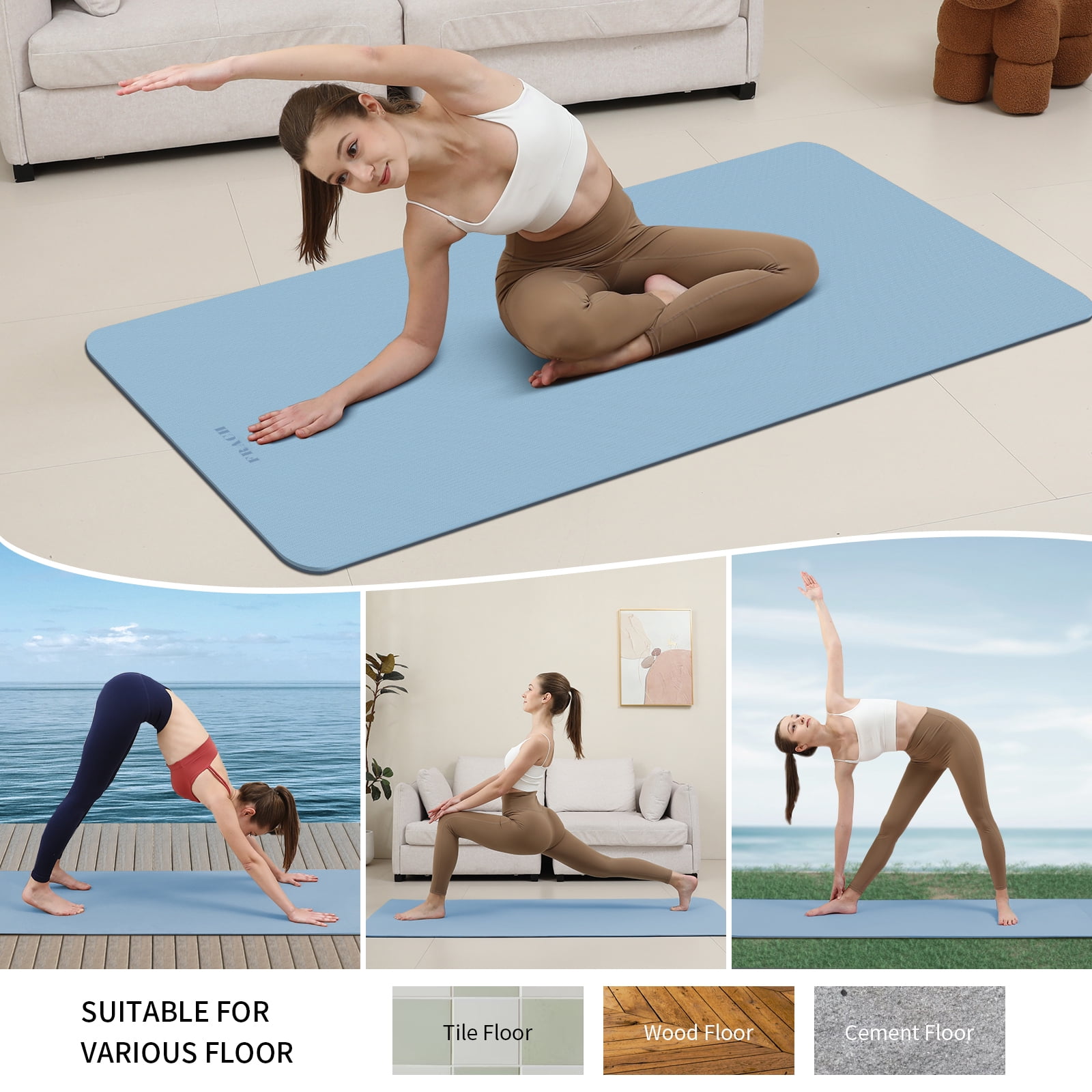 Frach Wide Yoga Mat 28",1/3 Inch Extra Thick Workout Mats,Non-slip Eco-friendly for Outdoor and Indoor,Home and Travel(Gray+Blue)