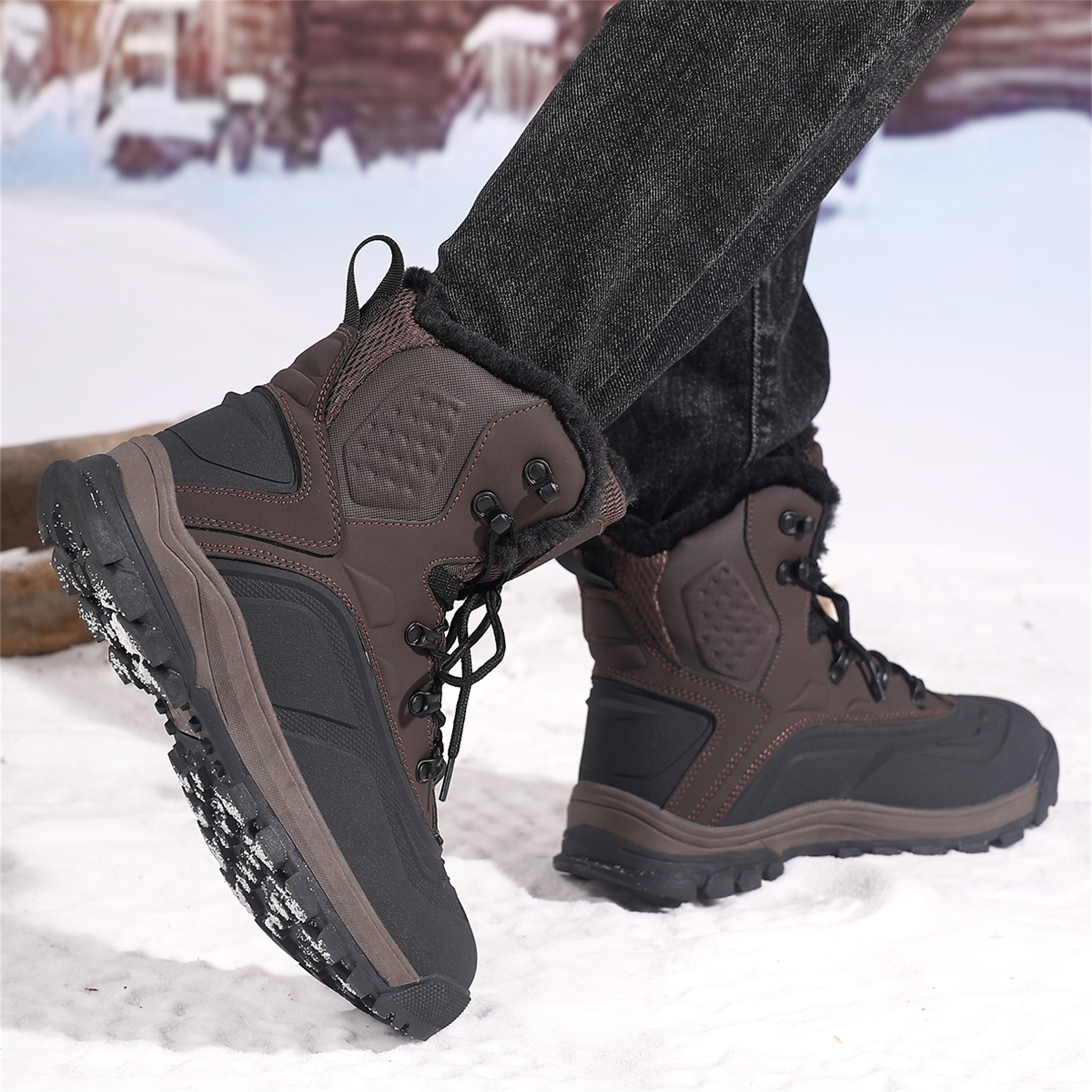YOURDIARY Men's Ankle-High Waterproof Hiking Boots Snow Boots Outdoor Shoes Trekking Trails Faux Fur Lined