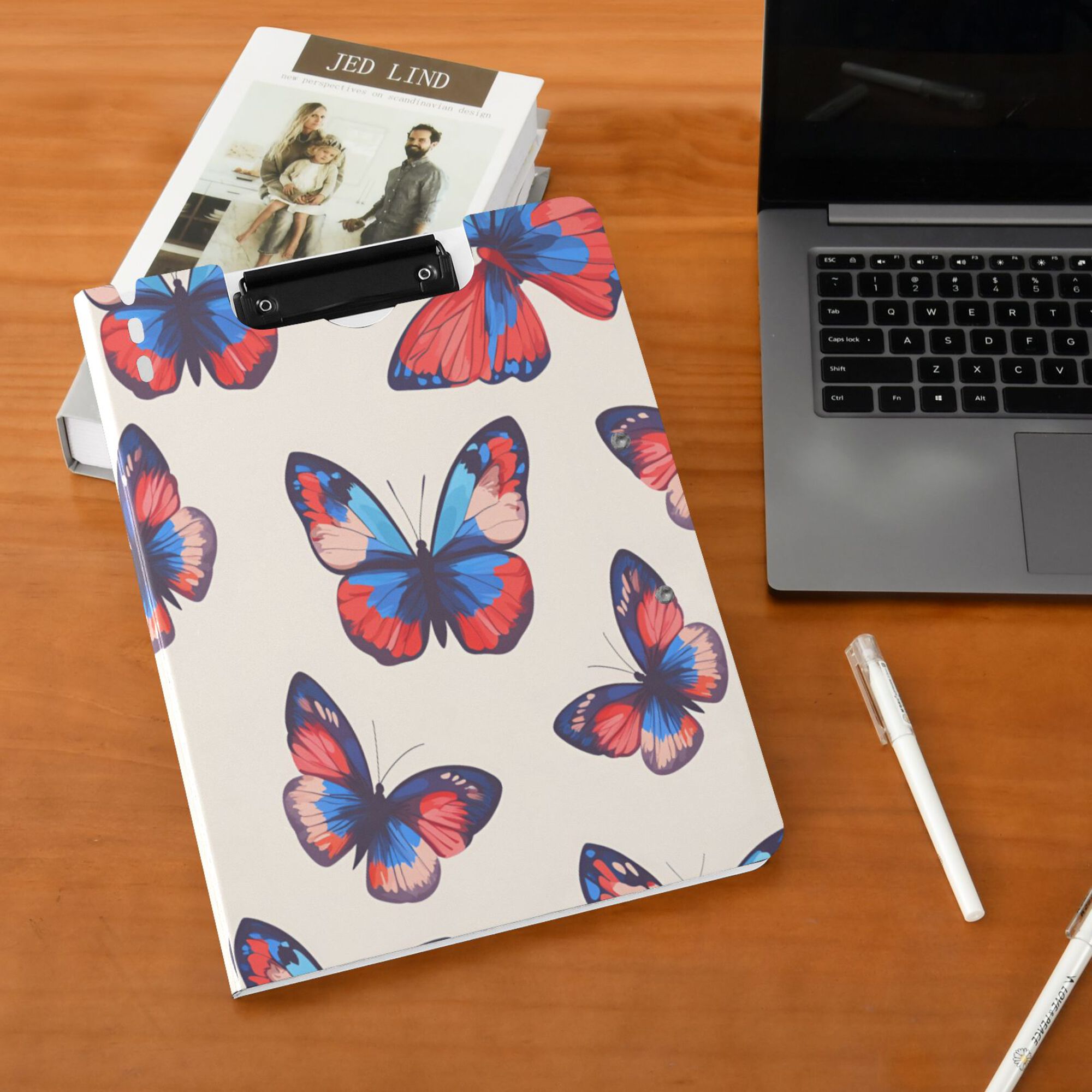 FORMRS A4 Clipboard Folder with Pen Holder Horizontal Foldable School Office Binder, Blue Butterflies