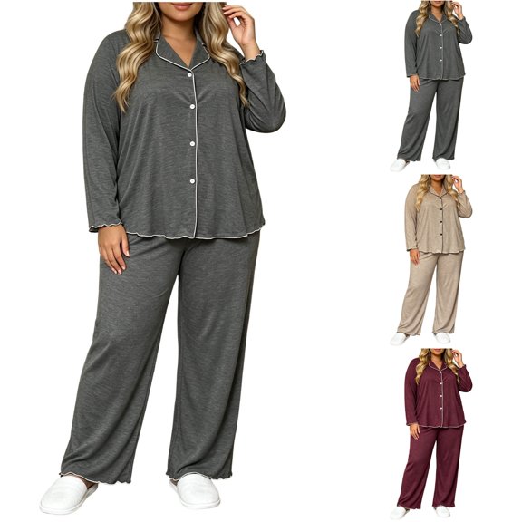 Nugftut Pajamas for Women Plus Size Button Down Shirt and Elastic Waist Pants Nighty Bottom Sleepwear Clothes