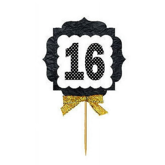 16th Birthday / Anniversary Gold Ribbon Hand Crafted Novelty Cupcake Decoration Toppers / Picks -12ct